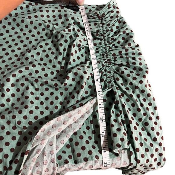 Zara Linen Polka Dot Skirt Midi Slit Ruched Brown Mini Pin Up Summer Rockabilly - Picture 5 of 10